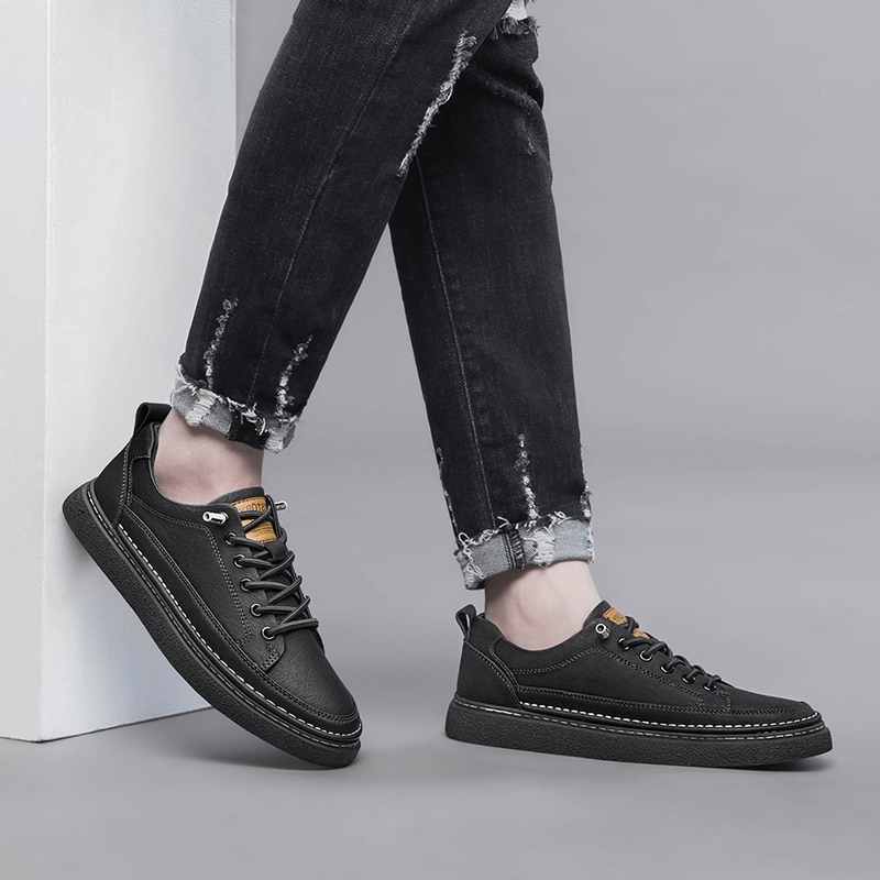 Stylish Leather Breathable Men's Sneakers SF1182, genuine leather sports shoes, black lace-up design, worn with distressed jeans
